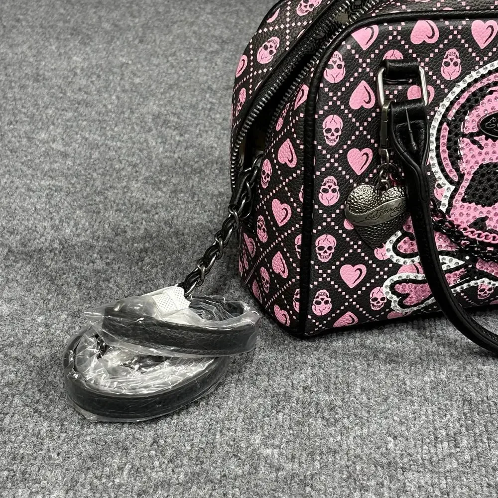 Ed Hardy Satchel Bag Womens Black Pink Skull Hearts Rhinestone Vegan NWT Rock